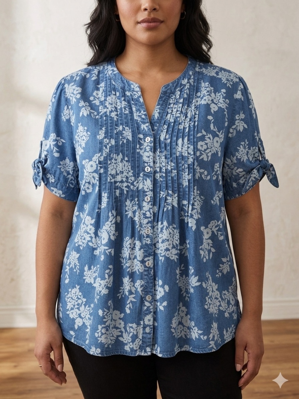 Allison Daley Blue Floral Pintuck Button-Down Shirt